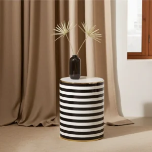 Bone inlay stool 14x14x18 in white and black with horizontal stripe pattern