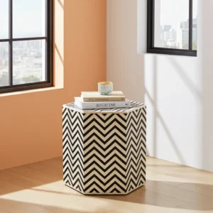 Artisan bone inlay nightstand showcasing bold zig-zag pattern in 14x14x18 size
