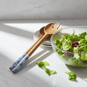 Acacia wood salad server spoon set seasoned for durability and use