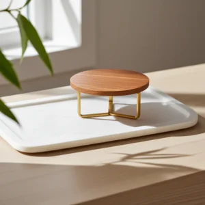 Acacia wood wedding cake stand with metal legs for table display