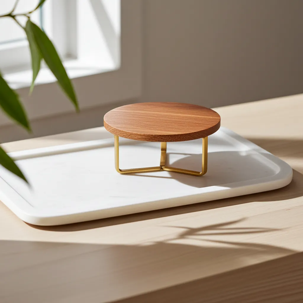 Acacia wood wedding cake stand with metal legs for table display