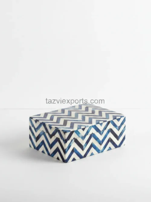 blue chevron bone inlay box 8x6x3.5 in blue and white zigzag pattern