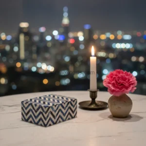 handcrafted blue chevron bone inlay box with geometric herringbone design