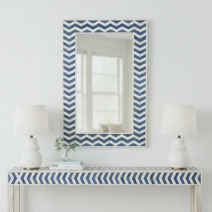 handmade blue chevron bone inlay mirror featuring geometric mosaic design