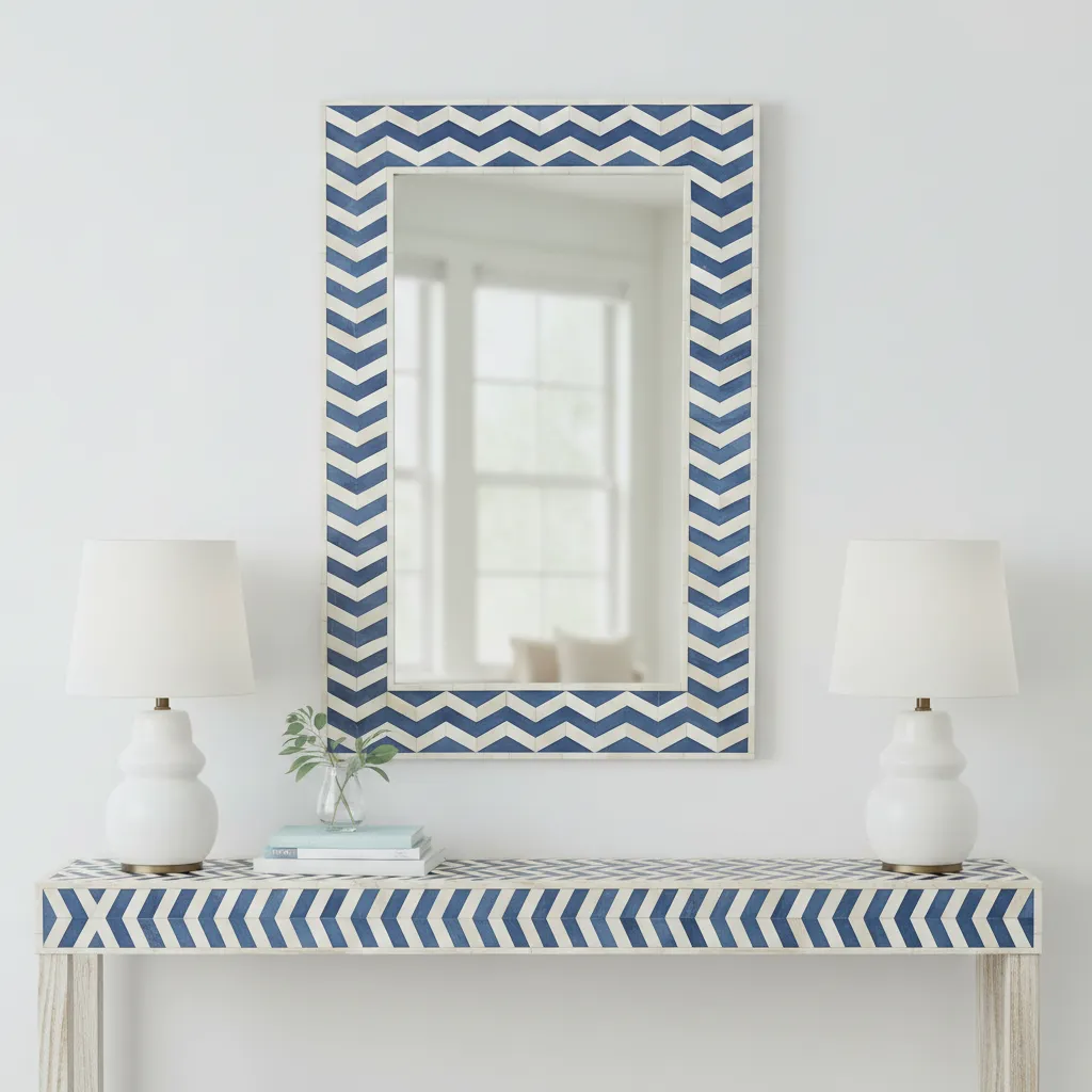 handmade blue chevron bone inlay mirror featuring geometric mosaic design