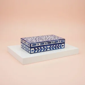 blue and white floral bone inlay box with indigo botanical vine design