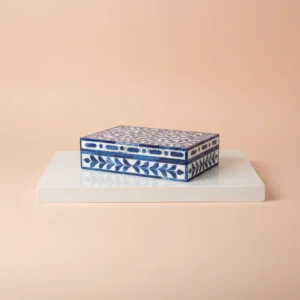 blue and white floral bone inlay box with mughal vine pattern