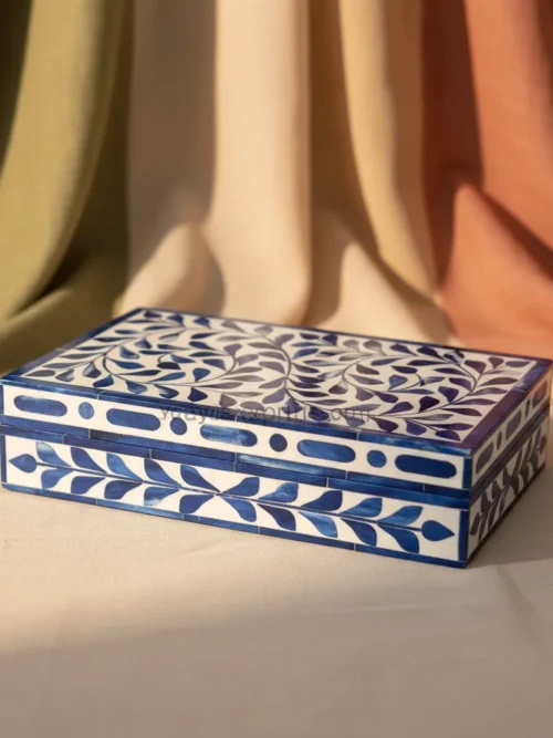 blue and white floral bone inlay box 10x6x3 decorative keepsake box