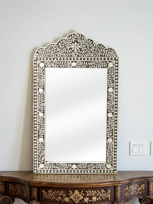 bone inlay dressing mirror 48x24 handcrafted with mughal floral vine pattern