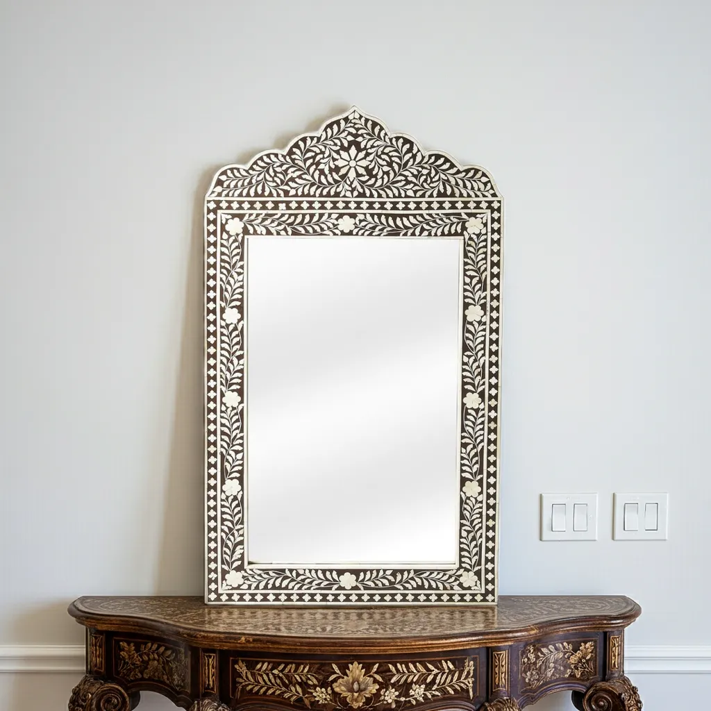 bone inlay dressing mirror 48x24 handcrafted with mughal floral vine pattern