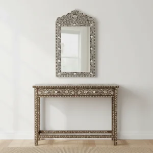 bone inlay dressing mirror with palace arch design and handcrafted floral inlay