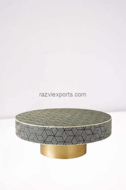 Geometric Bone Inlay Coffee Table with Brass Base in India 1 Geometric Bone Inlay coffee table with brass base