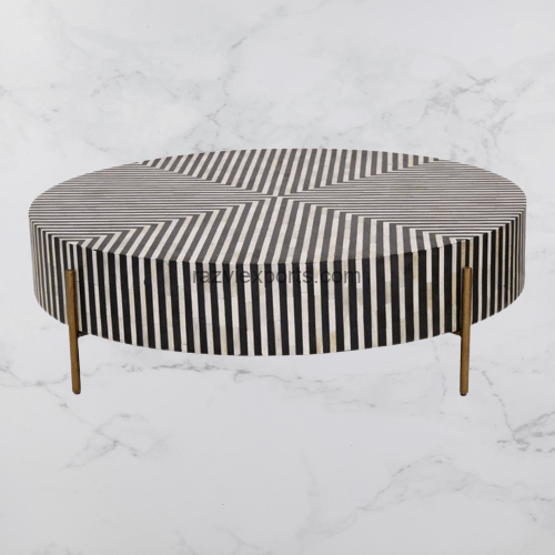 Geometric Bone Inlay Round Tabletop With Metal Stand