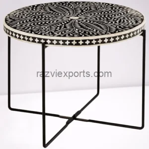 Floral round bone inlay coffee table with metal stand