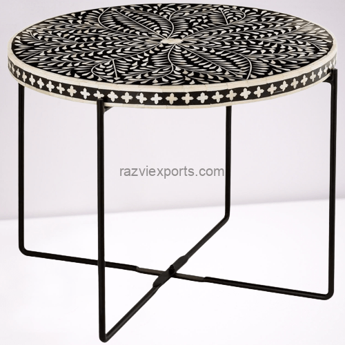 Floral round bone inlay coffee table with metal stand