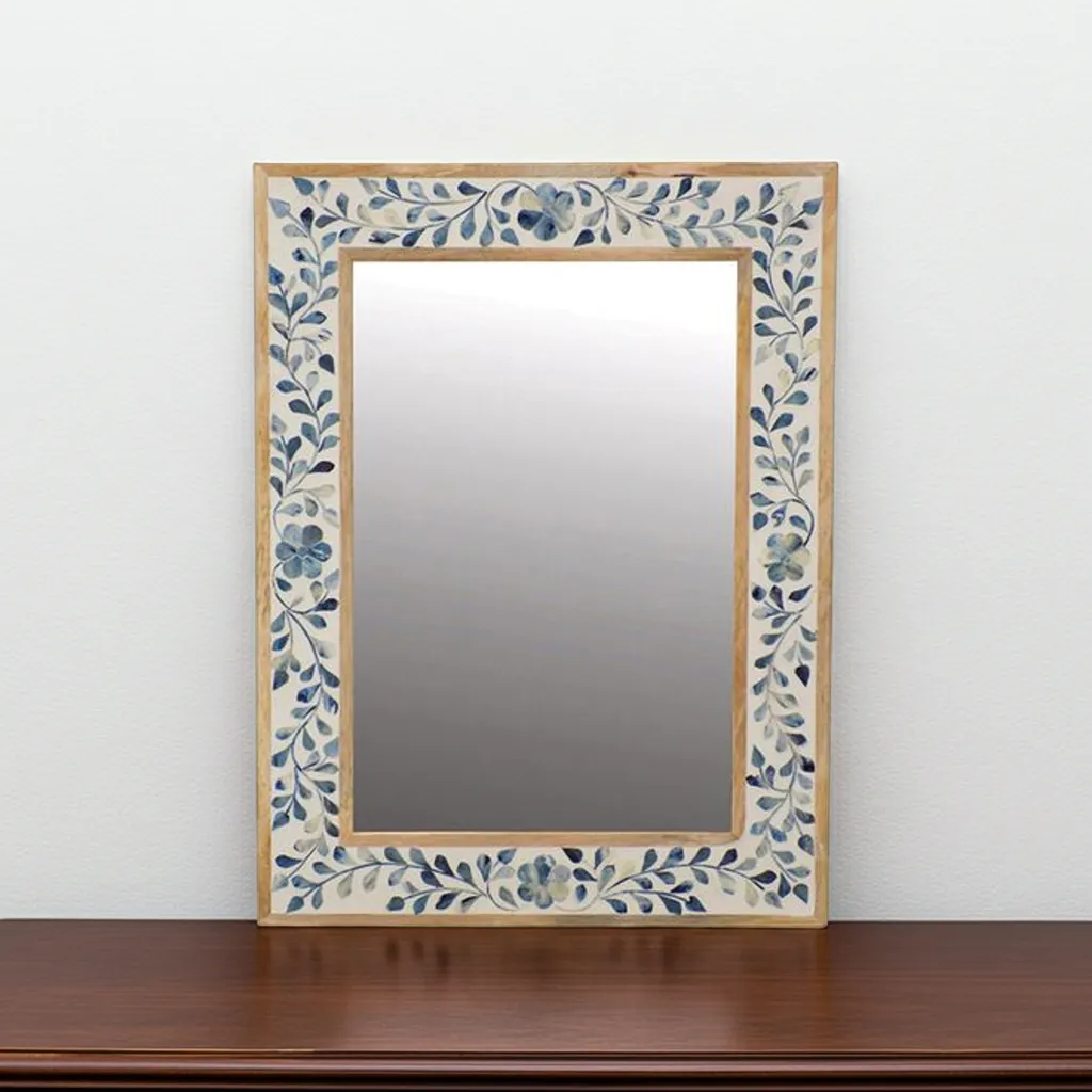 botanical floral bone inlay mirror 36x24 handcrafted in blue and white
