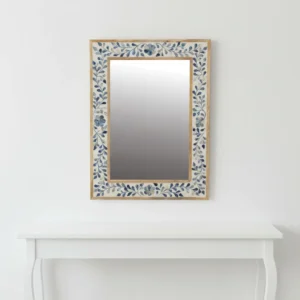 botanical floral bone inlay mirror with blue floral vine pattern and natural wood frame