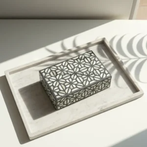 handcrafted cubist geometric bone inlay box with abstract line mosaic