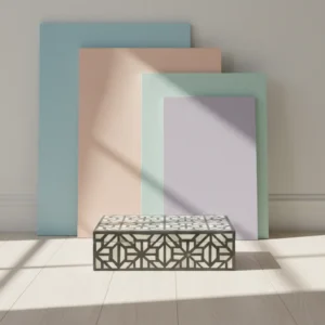 grey white cubist geometric bone inlay box with symmetrical cube design