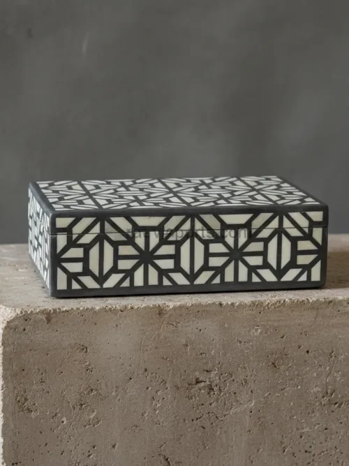 cubist geometric bone inlay box 10x6x3 in grey and white cube pattern