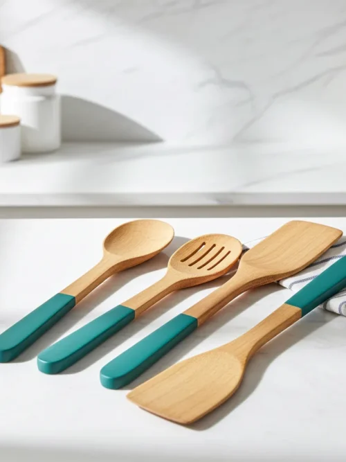 Wooden cooking utensil set of 4 with enameled handles in custom sizes 8 to 12 inch