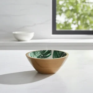 enameled wooden salad bowl with enamel interior and acacia wood exterior
