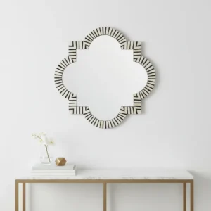 floral bone inlay scalloped wall mirror 30x30 black and white floral vine pattern