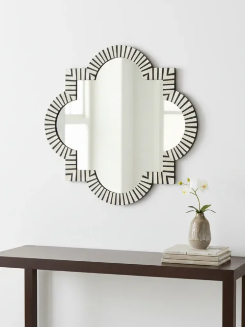black and white floral bone inlay scalloped wall mirror with decorative scalloped arch design
