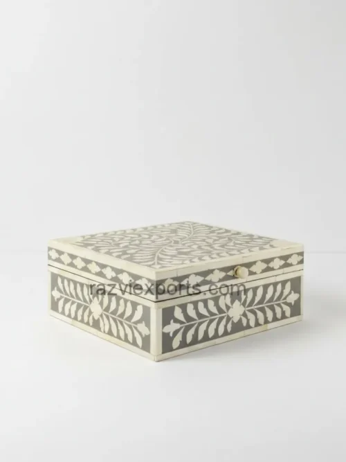 floral vine bone inlay box 8x8x3 in grey and white color