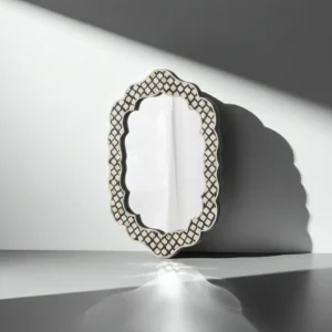 handmade geometric bone inlay scalloped wall mirror with repeating diamond trellis mosaic