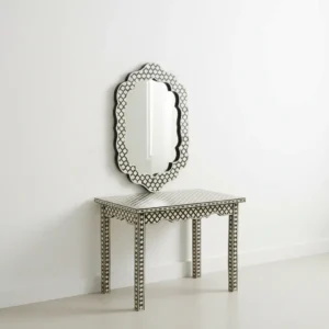 black and white geometric bone inlay scalloped wall mirror with interlocking lattice pattern
