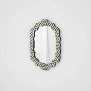 geometric bone inlay scalloped wall mirror with Moroccan lattice inlay design