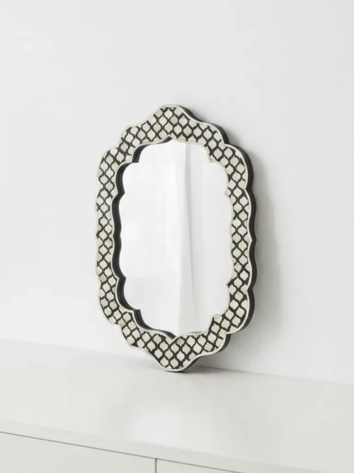 geometric bone inlay scalloped wall mirror 24x16 black and white Moroccan trellis pattern