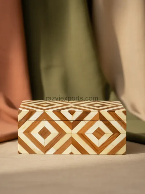 geometric diamond inlay box 8x6x3 in brown and white resin and wood