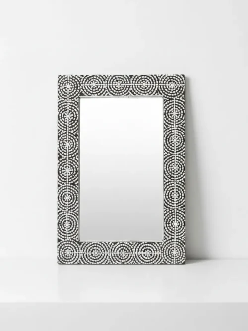 geometric mosaic bone inlay mirror 40x20 in black and white circular mosaic pattern