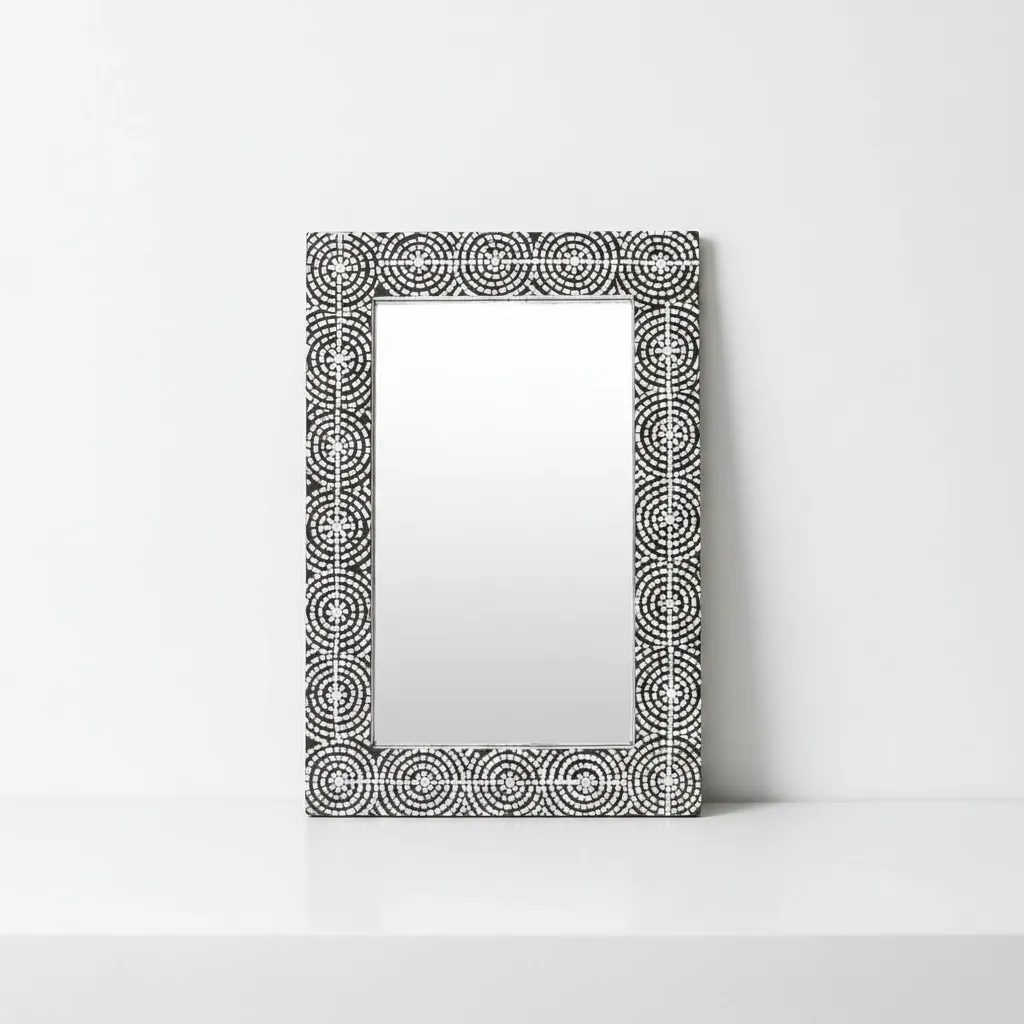 geometric mosaic bone inlay mirror 40x20 in black and white circular mosaic pattern