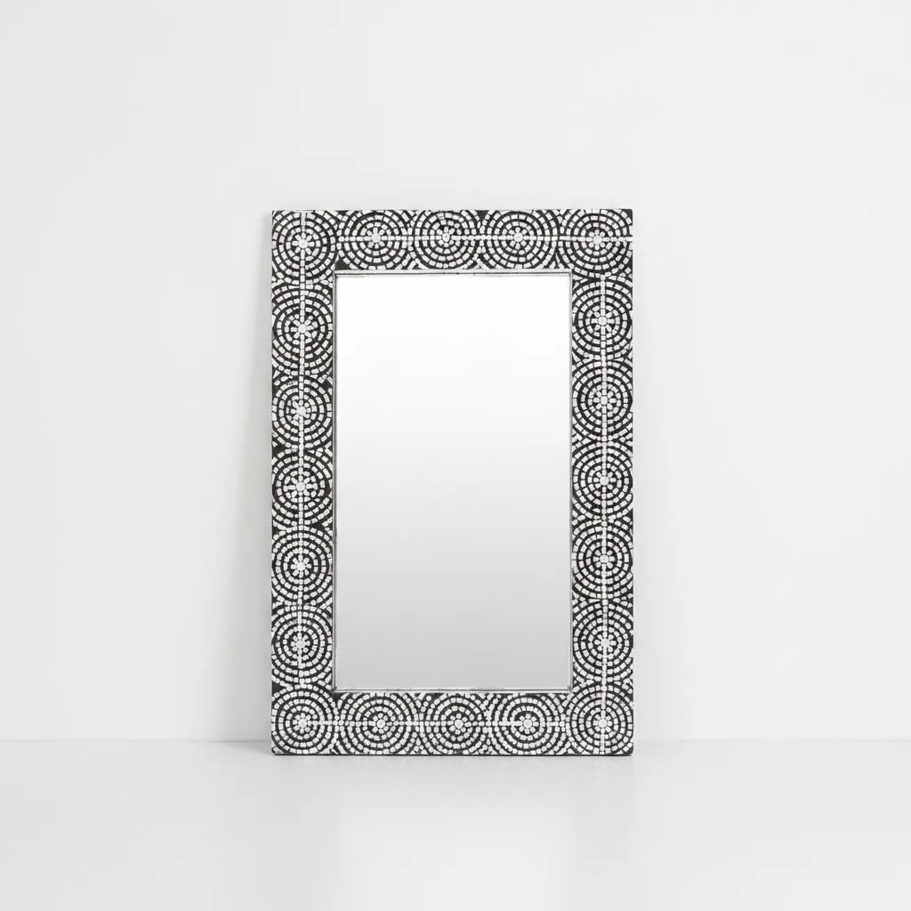 geometric mosaic bone inlay mirror featuring art deco radial mosaic pattern