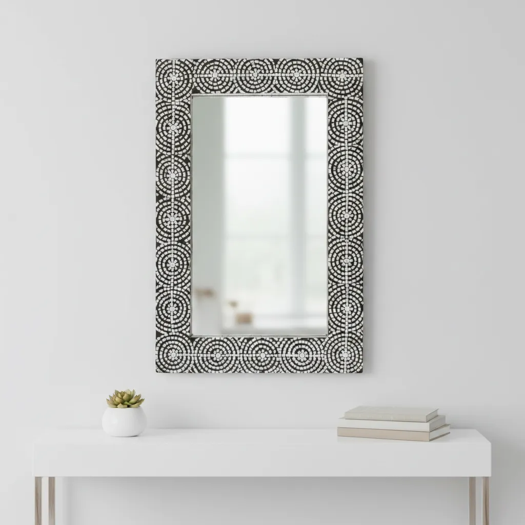 geometric mosaic bone inlay mirror handcrafted with concentric circle inlay design