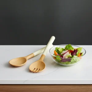 Food safe mango wood salad serving set with enamel finish handles