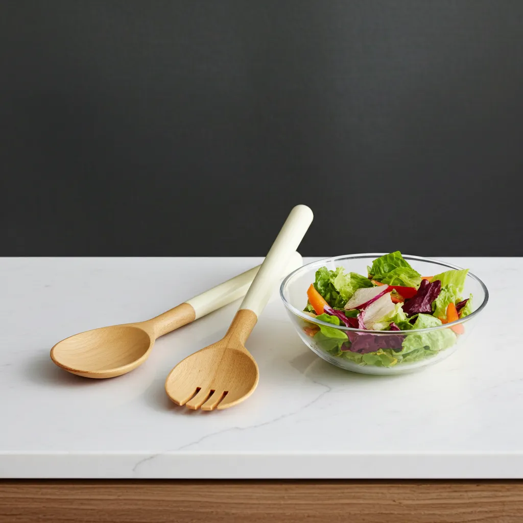 Food safe mango wood salad serving set with enamel finish handles