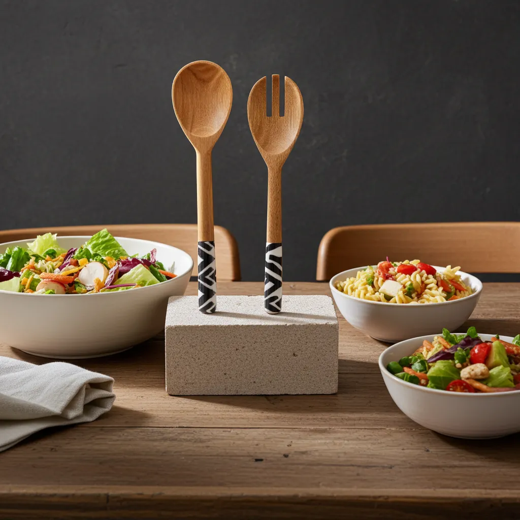 Handcrafted mango wood salad server set with decorative enamel handles