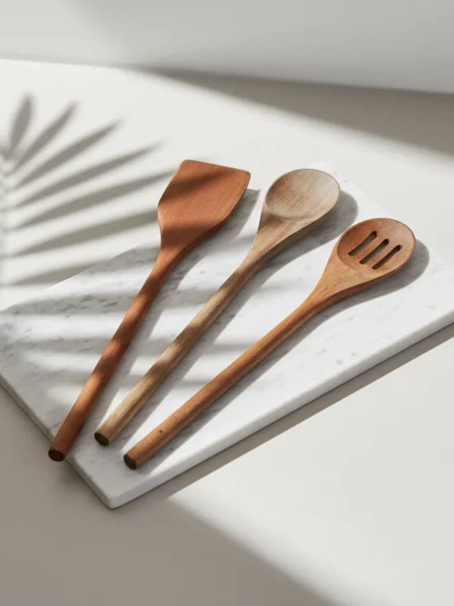 Handcrafted mango wood spurtle set including spoon spatula and fork