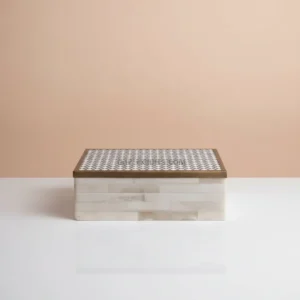 hex tile bone inlay box with brass molded lid handcrafted design