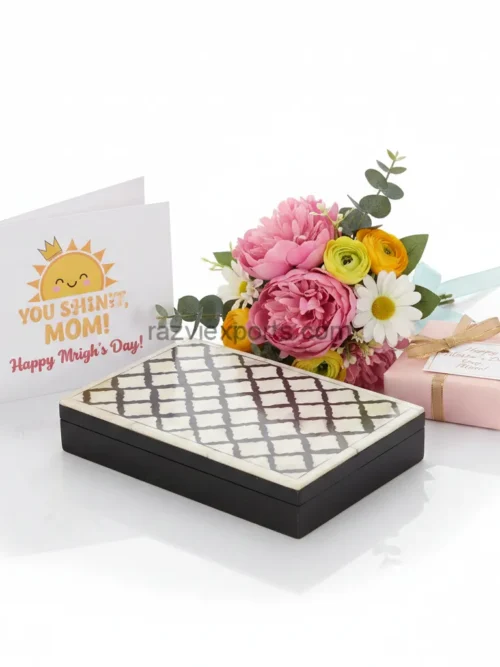 decorative lattice bone inlay box with elegant quatrefoil tile pattern