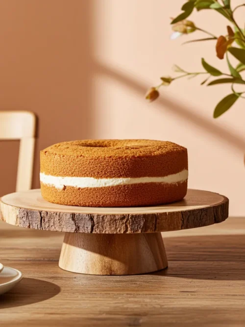 Handcrafted mango wood bark cake stand featuring natural bark design
