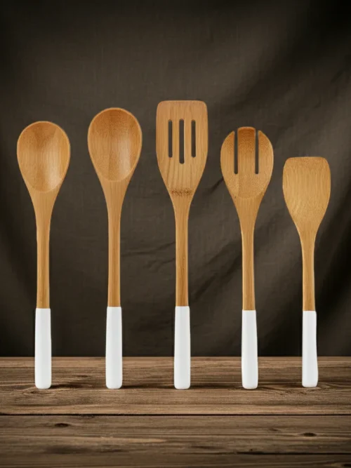 Five piece wooden spoon set enameled in mango wood with enameled handles