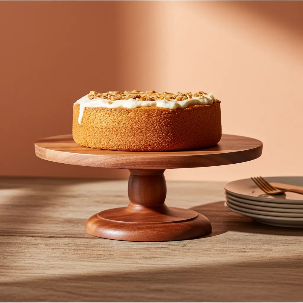 Handcrafted wooden cake stand made from natural mango wood