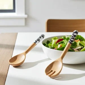 12 inch wooden spoon and fork set with enameled handle design