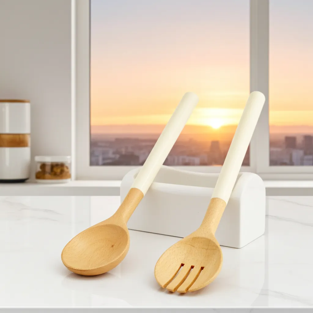 Handcrafted mango wood serving set 12 inch with white enameled handles