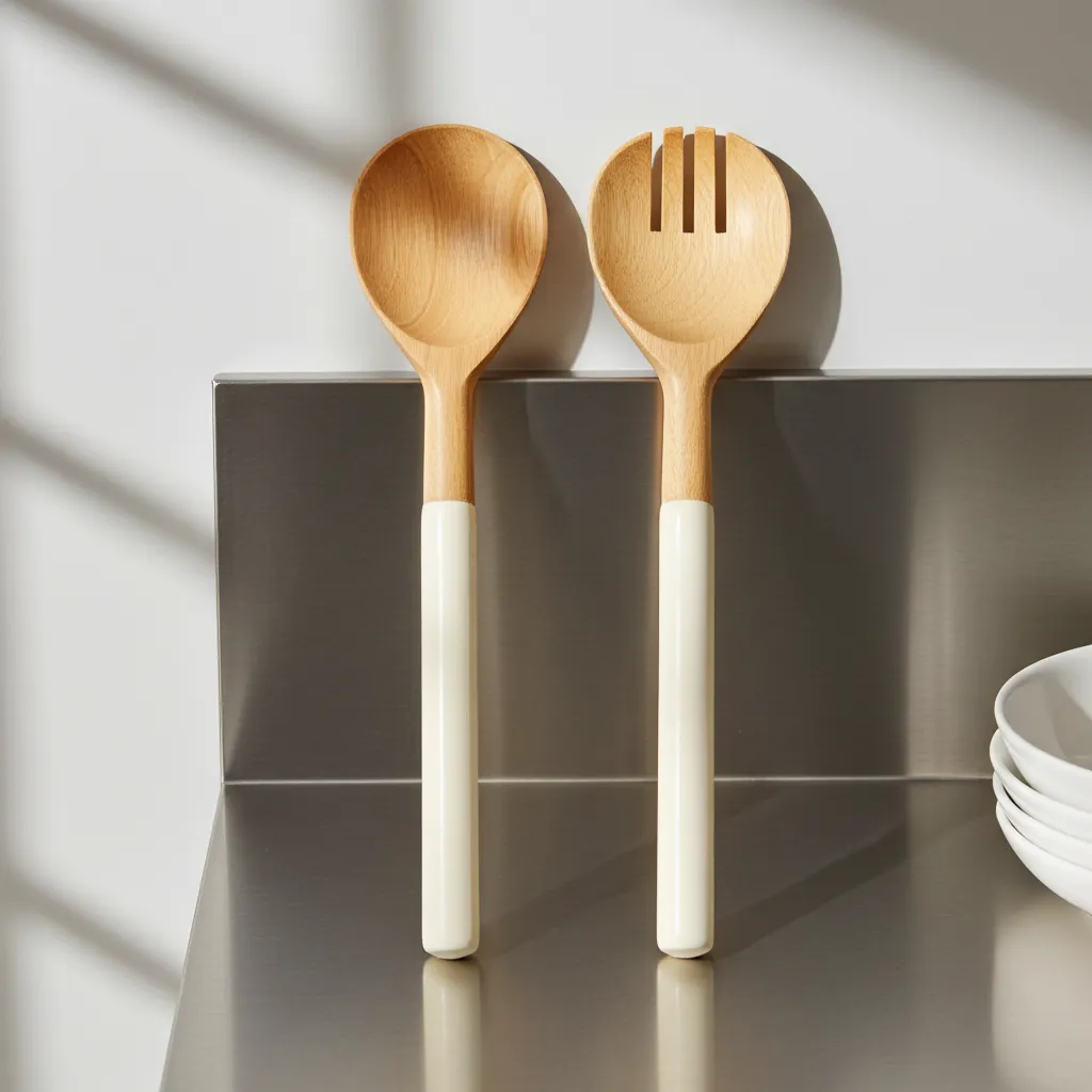 Mango wood spoon and fork serving set featuring white enamel design